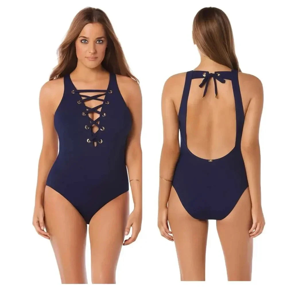 $182 Amoressa The Ramones Stevie One Piece Swimsuit Navy - Lace Up Classic